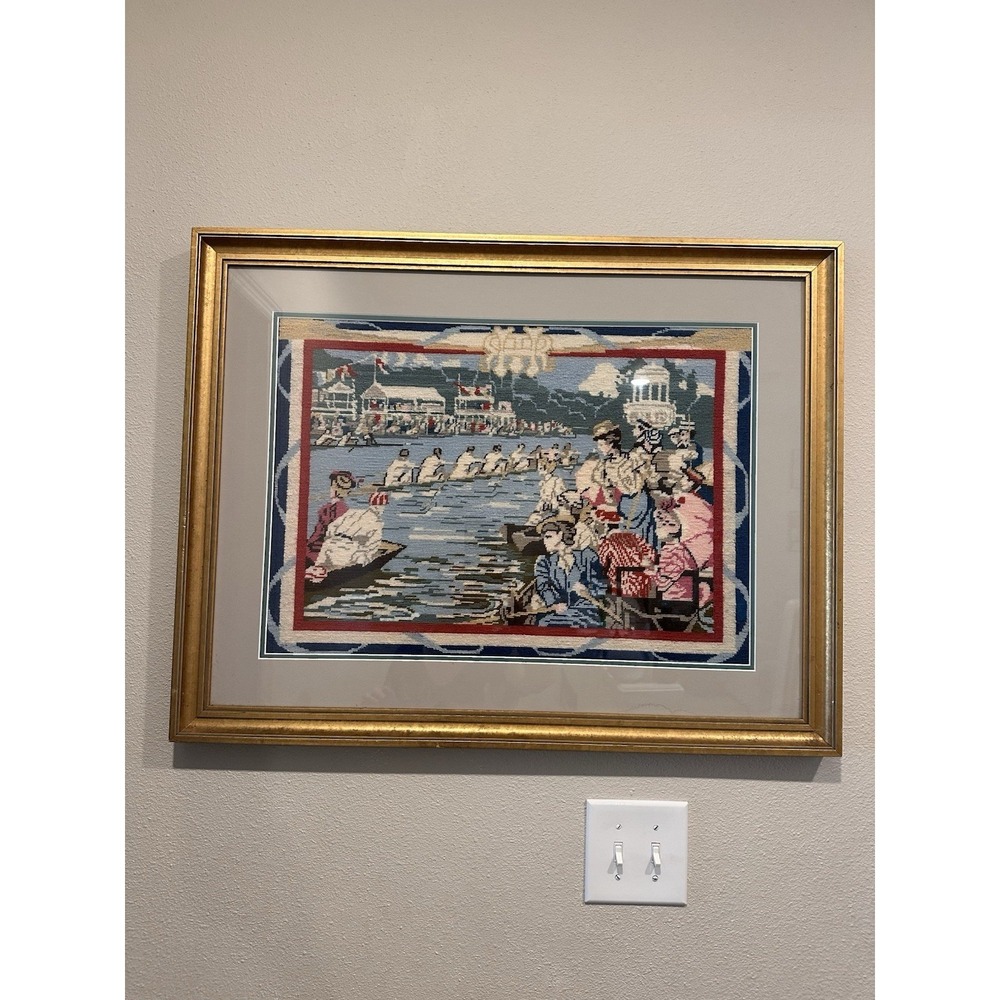 Vintage Framed Needlepoint Rowing Regatta‎ Scene Large Gold Frame Art
